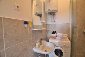 a bathroom with a sink and a washing machine at Apartments Maja in Štinjan