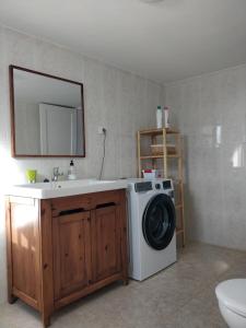 y baño con lavadora y lavamanos. en Vivienda Vacacional Casa del Erizo - Ecofinca, en Nazaret