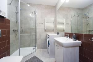 ein Bad mit einer Dusche, einem Waschbecken und einem WC in der Unterkunft Apartament Mysia in Świeradów-Zdrój
