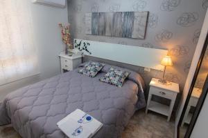 1 dormitorio con 1 cama, 2 mesas y 1 lámpara en La Mirada 2 en Castellón de la Plana