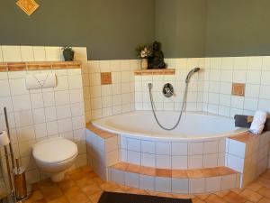 a bathroom with a tub and a toilet at Chiemgauer Ferienhaus in Siegsdorf