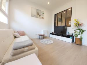 ein Wohnzimmer mit einem Sofa und einem Flachbild-TV in der Unterkunft Acogedor estudio en San Sebastián in San Sebastián de los Reyes