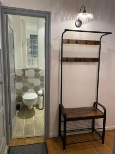 La salle de bains est pourvue de toilettes, d'une chaise et d'une lampe. dans l'établissement Appartement du lion, à Belfort