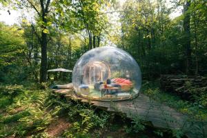 a glass dome with a living room in the woods at FUTURE IS NATURE PLAYGROUND in Sala Biellese