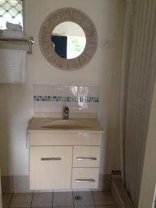 a bathroom with a sink and a mirror at Black Marlin Motel in Innisfail