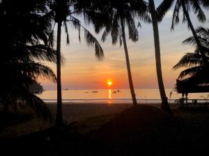 a sunset on the beach with palm trees at Tiongman Scubadive & Lodge in Tioman Island