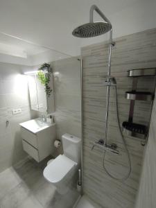 a bathroom with a shower and a toilet and a sink at Casa Leya Los Cristianos in Arona