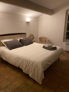a bedroom with a large white bed with two pillows at Domaine Faverot in Maubec