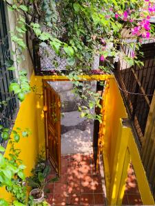an open door in a yellow wall with flowers at Chủ Nhật Cafe & Homestay - 12 ngõ 41 Đường Láng - Cơ sở 1 in Hanoi