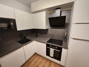 uma cozinha com armários brancos, um lavatório e um fogão em Mickey Apartment Old Town em Bratislava