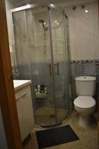 ein Badezimmer mit Toilette und Glasdusche in der Unterkunft La casita de ¨Pueblo Rocio¨ in Torre del Mar + 37 Fotos