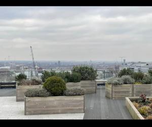 a row of wooden planters with plants on a roof at Luxurious 2 bedroom apartment in Canary Wharf in London