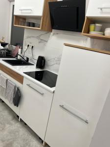 a kitchen with a white refrigerator and a sink at Rzut beretem od gondoli in Szczyrk