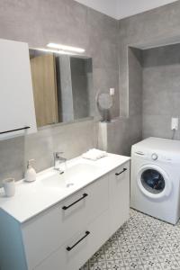 een badkamer met een wastafel en een wasmachine bij Elpida's house in Ierápetra