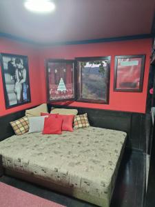 sypialnia z dużym łóżkiem z czerwonymi ścianami w obiekcie Holiday Home Vila Kikovi w mieście Dragolj
