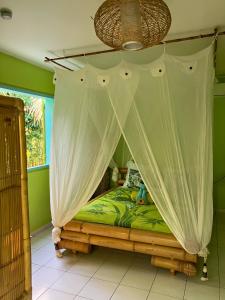 ein Schlafzimmer mit einem Himmelbett in der Unterkunft Gîte Zandoli Koko in Sainte-Anne