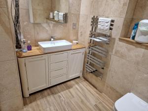 a bathroom with a sink and a shower at Parliament Sq apt 12 Royal Mile in Edinburgh +44 photos