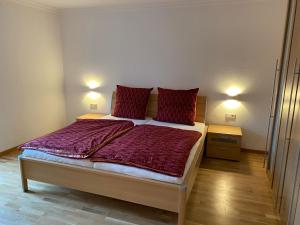 a bedroom with a large bed with red pillows at Ferienhaus-Zirndorf in Zirndorf