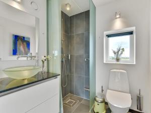 a bathroom with a sink and a toilet and a mirror at Holiday Home Leto - 2km from the sea by Interhome in Havneby +21 photos