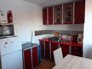 a kitchen with red cabinets and a white refrigerator at Agrowilla Kozłówek in Kozłówek
