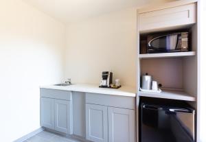 a small kitchen with a counter and a microwave at Holiday Inn Rancho Cordova - Northeast Sacramento, an IHG Hotel in Rancho Cordova