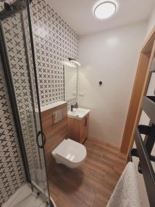 een badkamer met toilet, wastafel en douche bij Daglezja in Przyborów +30 foto's
