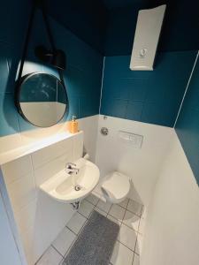 y baño con lavabo, aseo y espejo. en Zentrales großzügiges Apartment mit Dachterrasse!, en Bochum