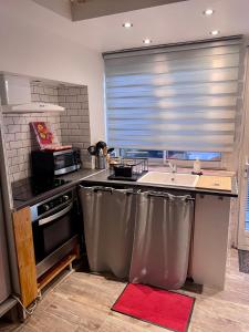 a kitchen with stainless steel appliances and a window at Troglodyte du Petit Coteau in Vouvray