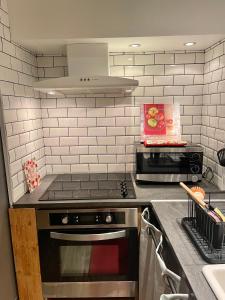 a kitchen with a stove top oven next to a sink at Troglodyte du Petit Coteau in Vouvray