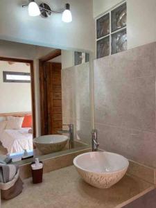 łazienka z umywalką i dużym lustrem w obiekcie Mountain Charm w mieście Lujan de Cuyo