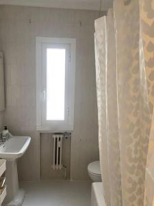y baño con aseo, lavamanos y cortina de ducha. en Domus Santa Clara Céntrico apartamento con Wifi, en León