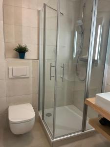 a bathroom with a shower with a toilet and a sink at Ferienwohnung im Alten Postamt in Binz in Binz