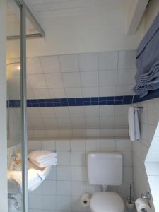 uma casa de banho com WC e azulejos azuis e brancos em Pirat em Laboe