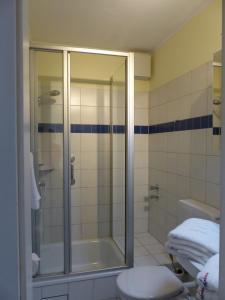 a bathroom with a shower and a toilet at 470er Ferienwohnung in Laboe