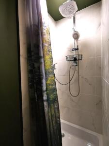 y baño con ducha y cortina de ducha. en Au Pied Du Trieu, the glamping experience, en Labroye