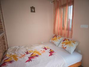 a bed with two pillows on it with a window at Holiday Home Sunny Hill in Kamenari