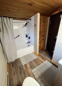a small bathroom with a tub and a toilet at ALPINE VILLAGE GETAWAY LIMIT 8 cottage in Bridgton
