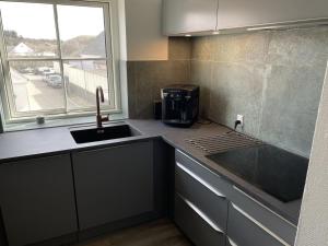 uma cozinha com um lavatório e um balcão com uma janela em Apartment Almar - 400m from the sea in NW Jutland by Interhome em Hjørring