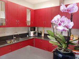 a kitchen with red cabinets and a vase with purple flowers at Arcobaleno Room Venezia-Mestre in Mestre