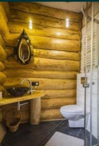 a wooden bathroom with a toilet and a sink at Wysokie Bale Kwatery Jagniatków in Jelenia Góra