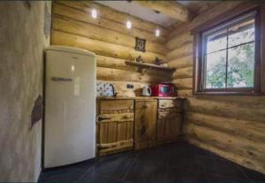 a kitchen with a refrigerator in a log cabin at Wysokie Bale Kwatery Jagniatków in Jelenia Góra