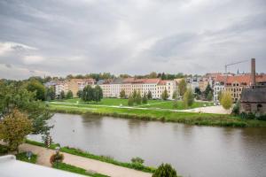 a river in front of a city with buildings at Blick Apartments - Waterfront Green Apartment in Zgorzelec