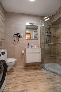 La salle de bains est pourvue d'une douche, d'un lavabo et de toilettes. dans l'établissement Blick Apartments - Waterfront Green Apartment, à Zgorzelec