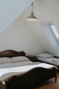 een slaapkamer met 2 bedden en een plafond bij Apartments Možinetova hiša in Šentjošt nad Horjulom