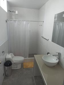 La salle de bains est pourvue d'un lavabo, de toilettes et d'une douche. dans l'établissement Hermosa y espléndida casa en Oxapampa, à Oxapampa