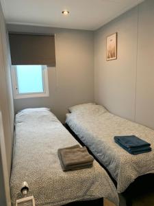 twee bedden in een kleine kamer met een raam bij Het Berkenhuisje in Putten, huisje op de Veluwe in Putten