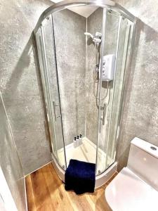 a bathroom with a shower and a toilet at Studio - City Centre WV1 in Wolverhampton