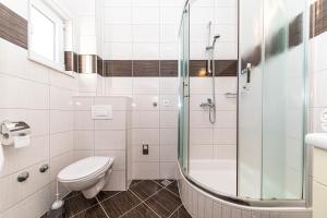 a bathroom with a toilet and a glass shower at Rajcic Apartments in Rogoznica