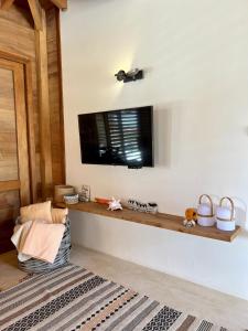 a living room with a flat screen tv on a wall at Caribbean Oceanview Villa in Kralendijk