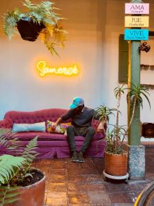um homem sentado num sofá roxo numa loja em Hotel Posada de San Agustin em Tunja